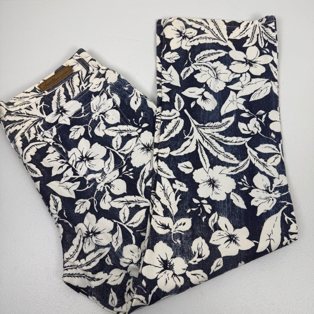 Bill Blass Jeans Womens 14 Short Blue White Floral Tropical Straight Leg Pants